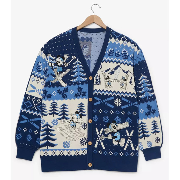 Her Universe Sweaters - Her Universe Disney Mickey & Minnie Mouse Skiing Patterned Cardigan Oversized LG